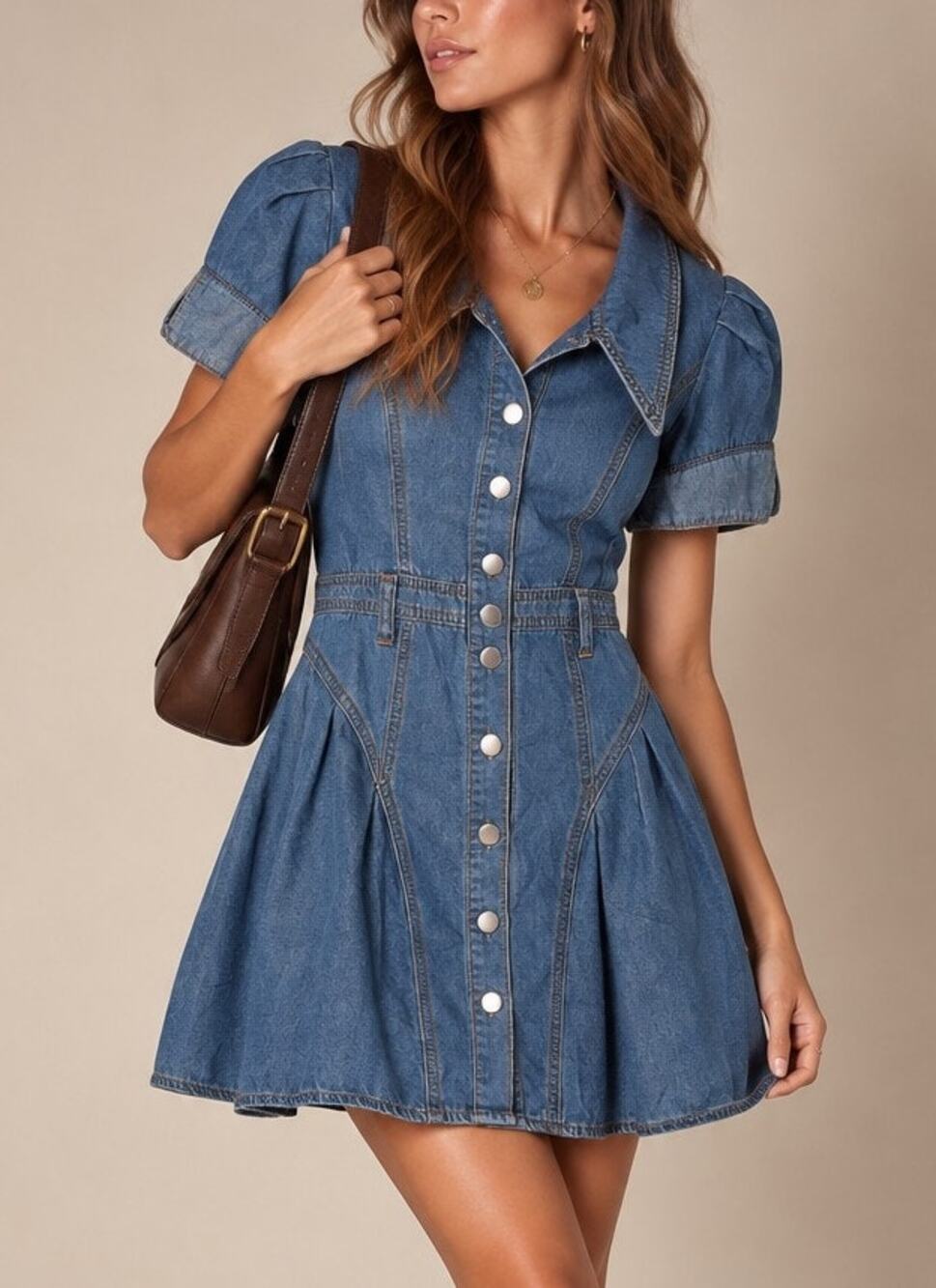Vintage Y2K Womens Fit Flare Denim Dress S Blue Puff Sleeve Western Coquette